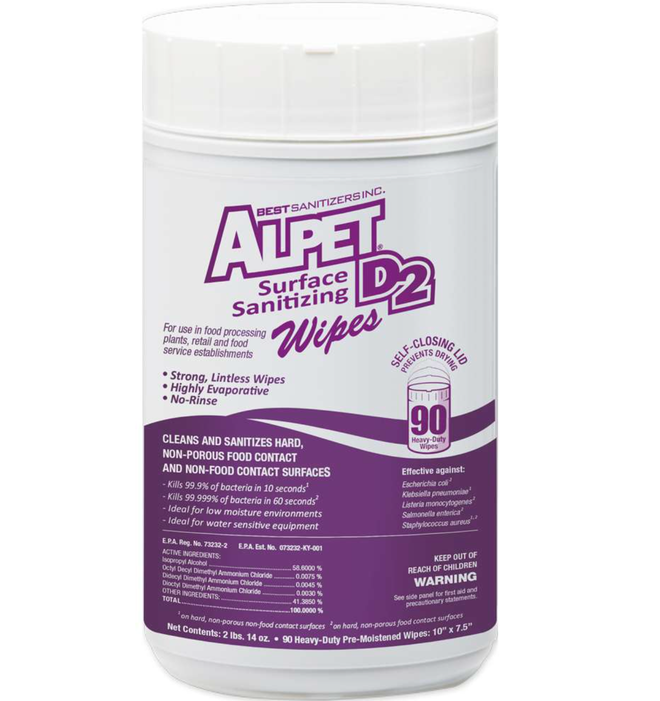 Alpet D2 Surface Sanitizing Wipes, 90/Container. 6 Containers.
