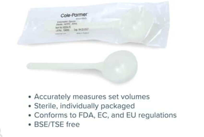 Sterile Volumetric Lab Sampling Spoons, HDPE, 30 mL (1.01 oz); 100/PK