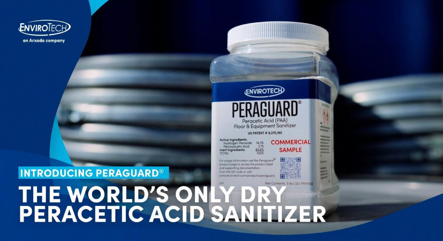 PeraGuard® Dry Peracetic Acid Sanitizer, Granular, EPA Registered, Moisture-Activated, Floor & Equipment Sanitizer. 40lb pail