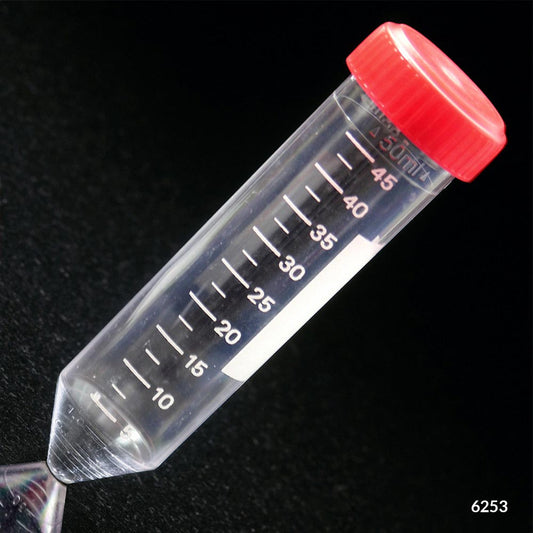 Centrifuge Tube, 50mL, Polystyrene, STERILE, with Attached Red Screw Cap, 500 tubes, 25/bag