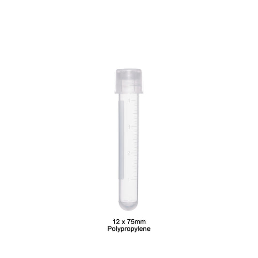 Tube, 5mL, 12 x 75mm PP w/cap, 25/bag, sterile, 1000/cs