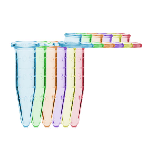 Microtube w/ cap, 0.5mL, assorted (B, R, G, O, P, Y), sterile, w/ self-standing bag, 500/pk