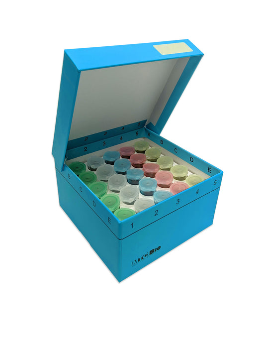 Cardboard freezer box with hinged lid, 3 inch, with insert for 25 snap-cap 5mL MacroTubes, 5.25 x 5.25 x 3 inches, 5/pk