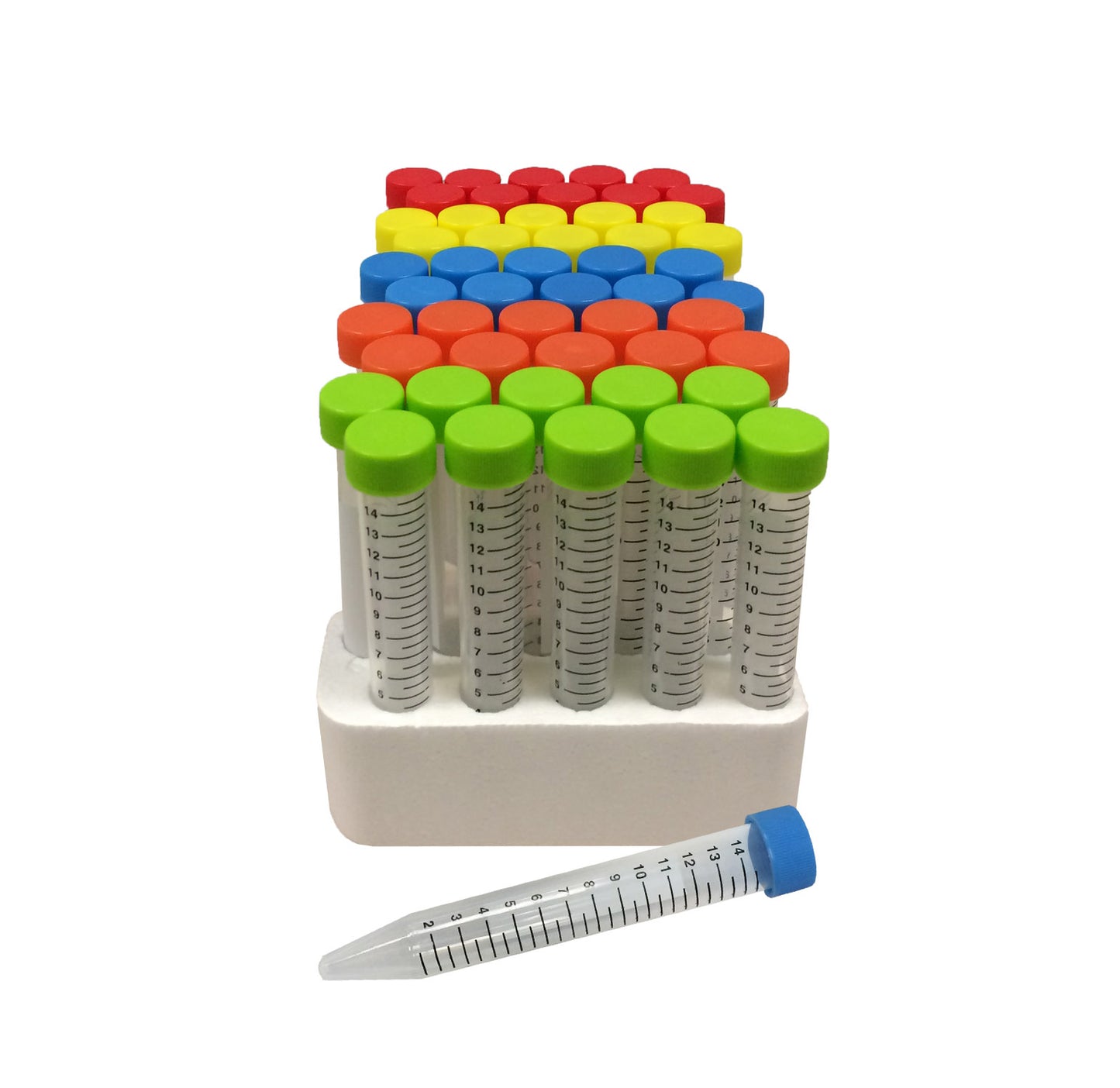 SpectraTubes™ Rainbow Capped Centrifuge Tubes, 15mL, sterile, 5 colors per rack (B,G,R,Y,O), 10 racks of 50 tubes, 500/cs