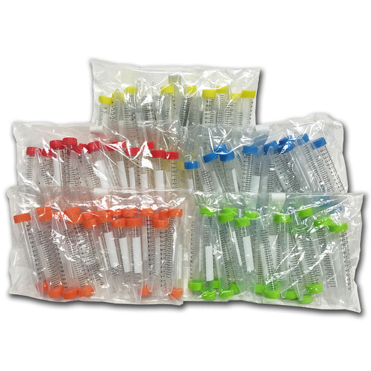 SpectraTubes™ Rainbow Capped Centrifuge Tubes, 15mL, sterile, individual color bags (B,G,R,Y,O), 25 tubes per bag, 500/cs