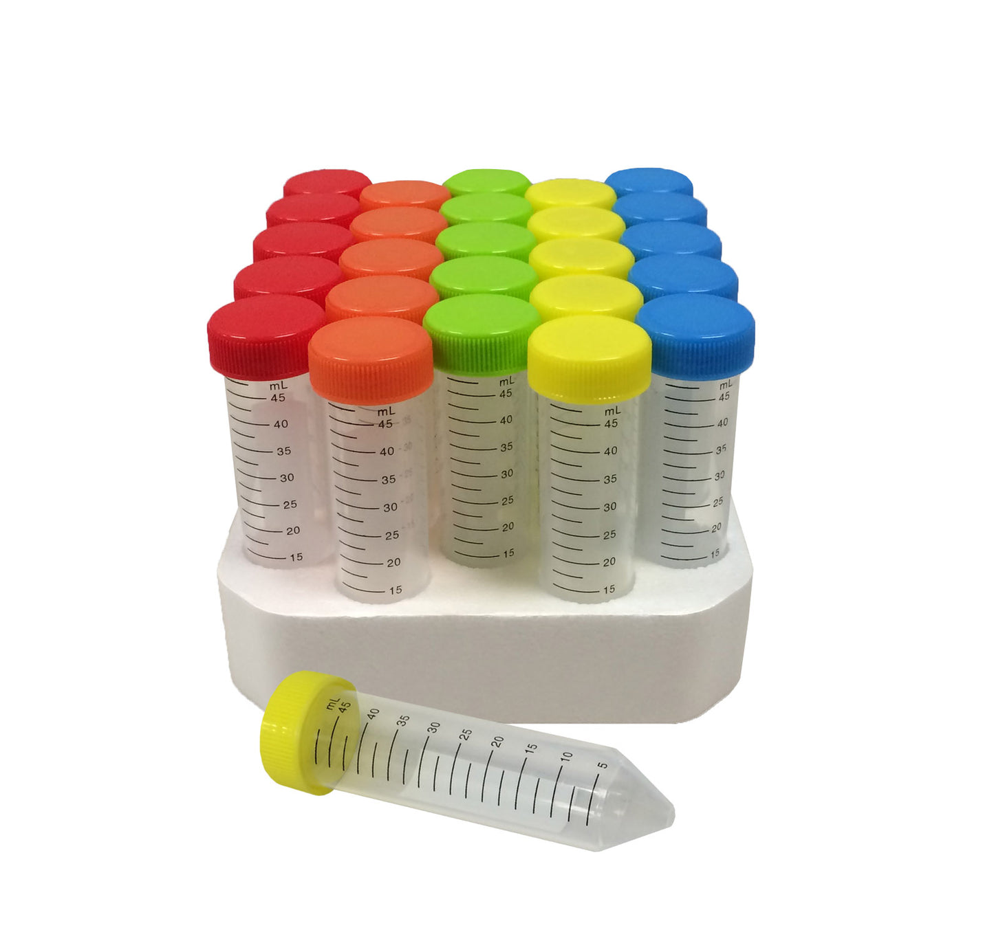 SpectraTubes™ Rainbow Capped Centrifuge Tubes, 50mL, sterile, 5 colors per rack (B,G,R,Y,O), 20 racks of 25 tubes, 500/cs