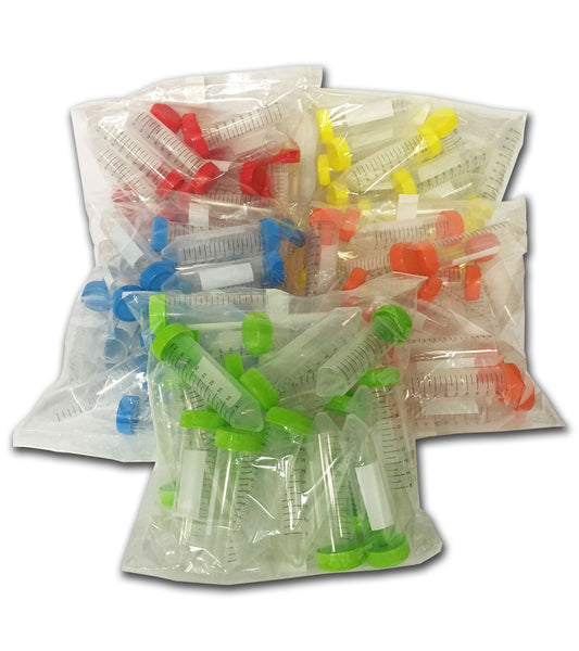 SpectraTubes™ Rainbow Capped Centrifuge Tubes, 50mL, sterile, individual color bags (B,G,R,Y,O), 25 tubes per bag, 500/cs