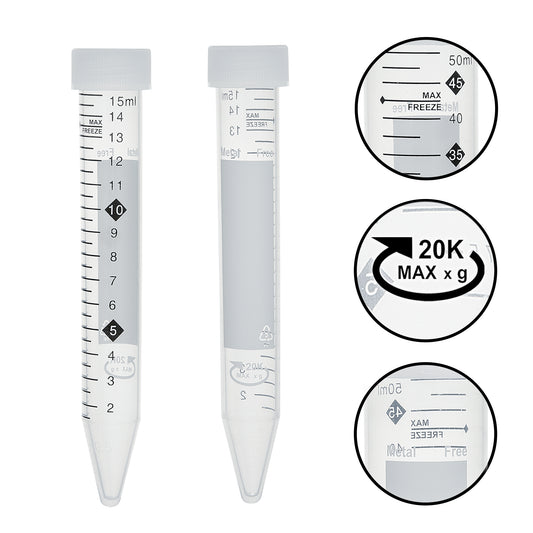 TotalPure™ Centrifuge Tubes, Metal Free, 15mL, 20,000xg max RCF, sterile, w/ Hi-Viz Graduations and max freeze line, 20 resealable bags of 25 tubes, 500/cs