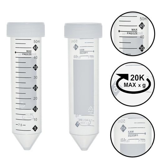 TotalPure™ Centrifuge Tubes, Metal Free, 50mL, 20,000xg max RCF, sterile, w/ Hi-Viz Graduations and max freeze line, 20 resealable bags of 25 tubes, 500/cs