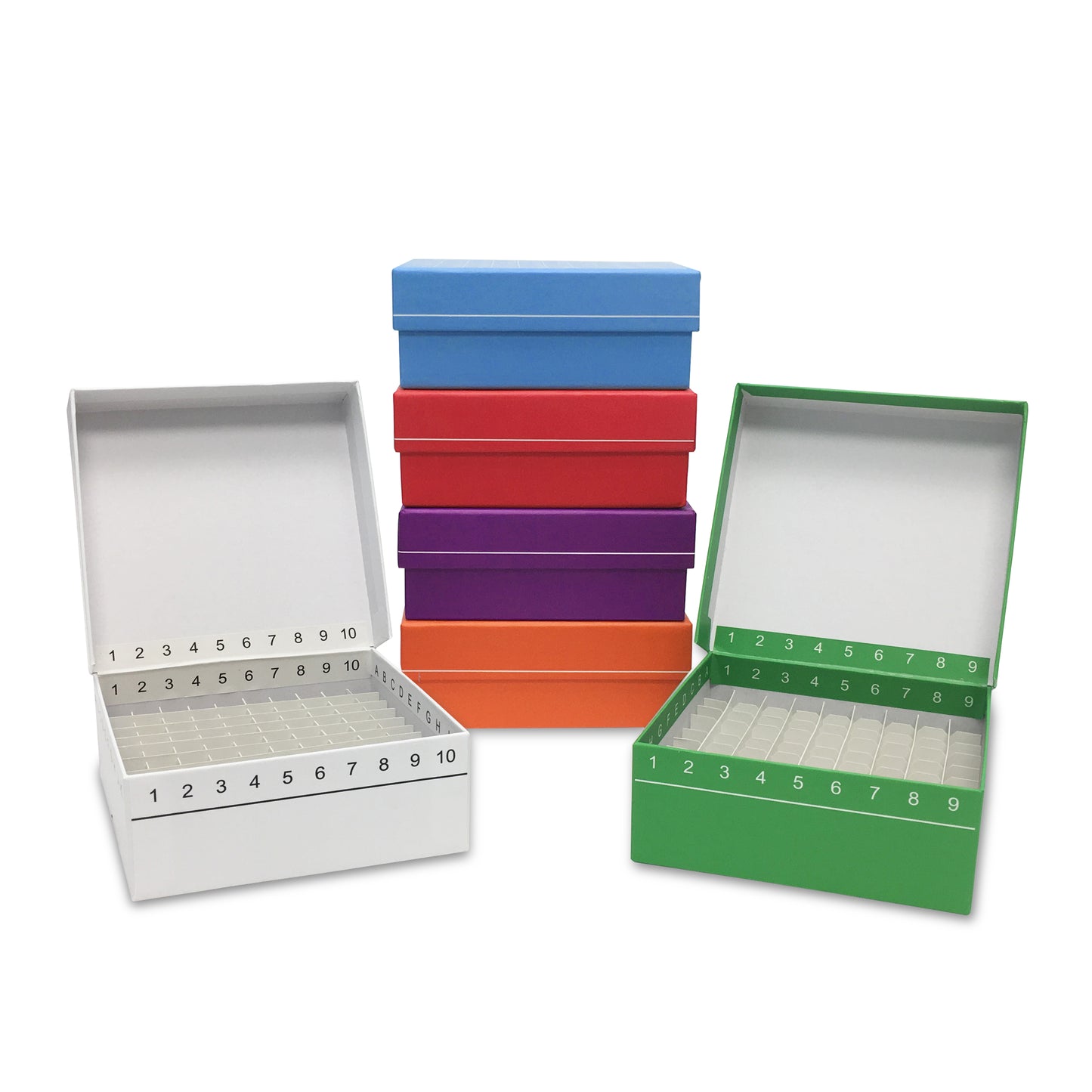 FlipTop™ Carboard freezer box w/ attached hinged lid, 2 inch, 100-place, assorted colors, 5/pk