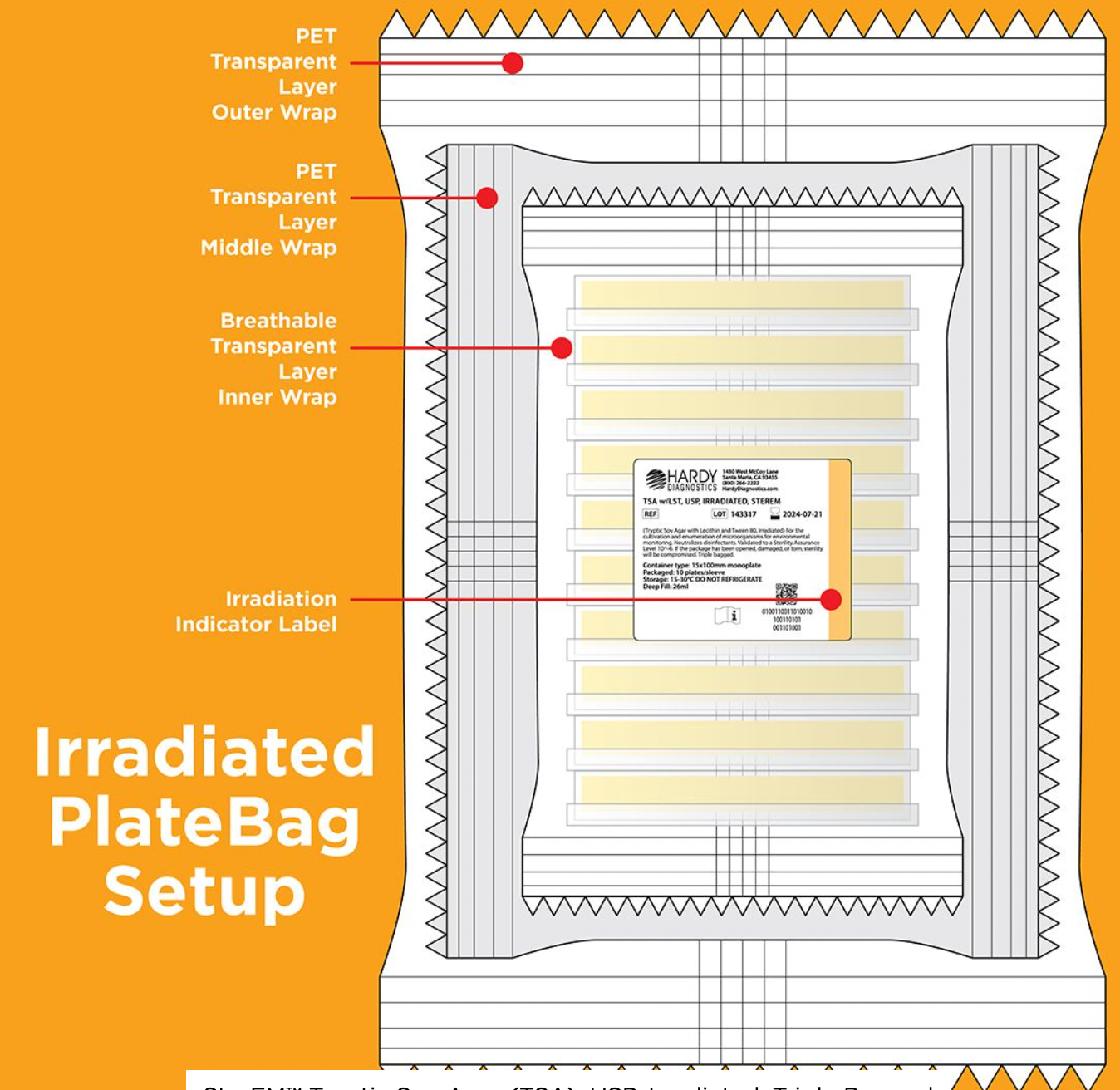 Hardy Diagnostics W340 – SterEM™ Tryptic Soy Agar (TSA), Settle Plate, Gamma Irradiated, Air Monitoring, 10 plates. CORE USP 797/800 PLATE