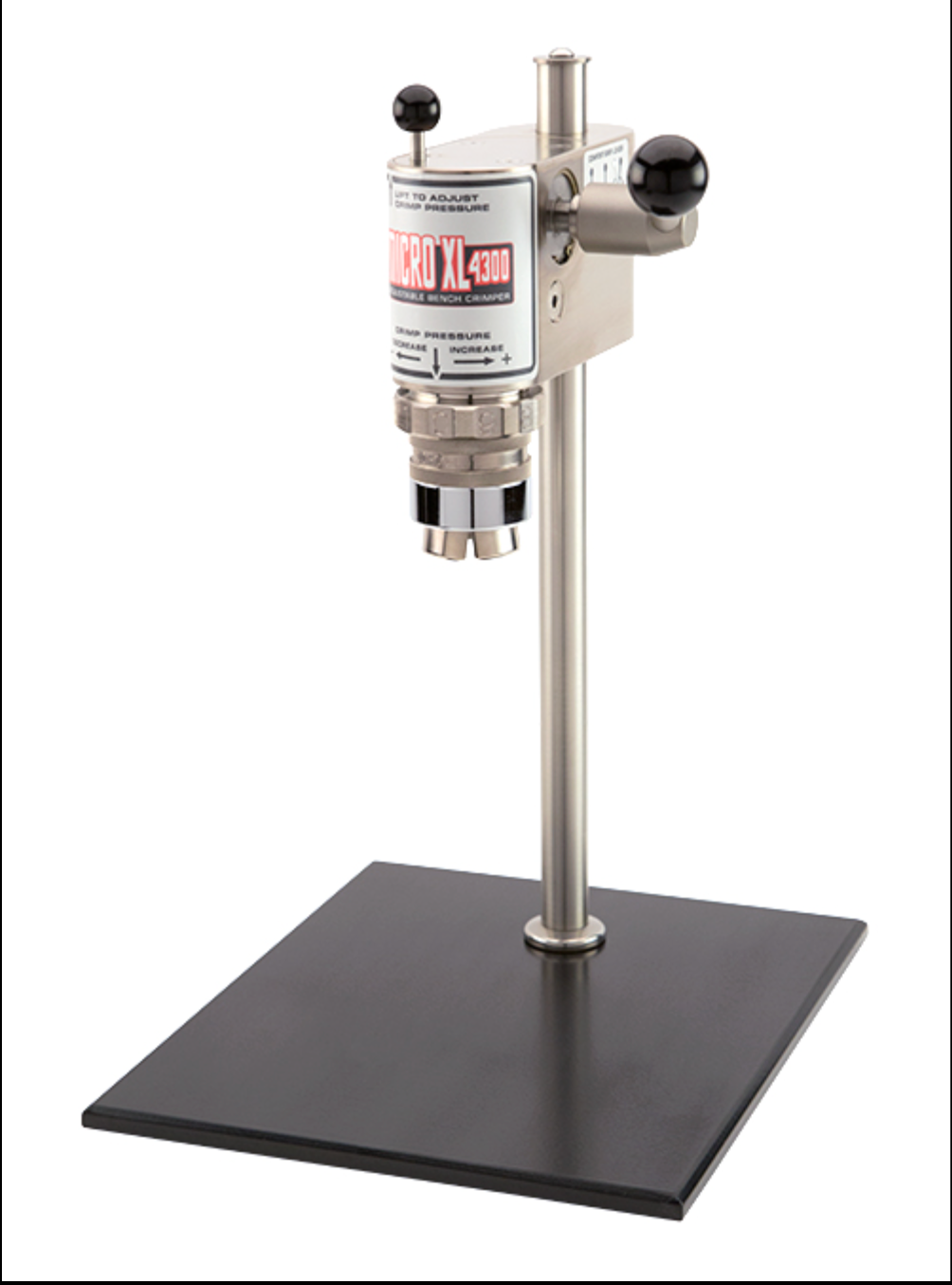 Bench Top Crimper Unit, 8 X 10 Steel Base (BOTTLE CLEARANCE 5-15/16″).  Made in USA.  Kebby Industries