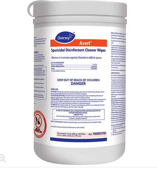 Diversey Avert® Sporicidal Disinfectant 6" x 7" Wipes; Case of 12 canisters, 160 wipes each