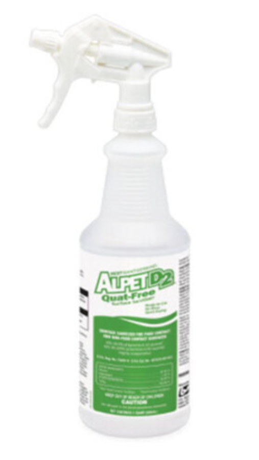 Step 2 — Daily Surface Disinfection. (ISO 7/8) Alcohol-based EPA-registered sanitizer for routine cleaning of carts, floors, work surfaces, and pass-through chambers. Available in spray bottles and 5-gallon refill pails.