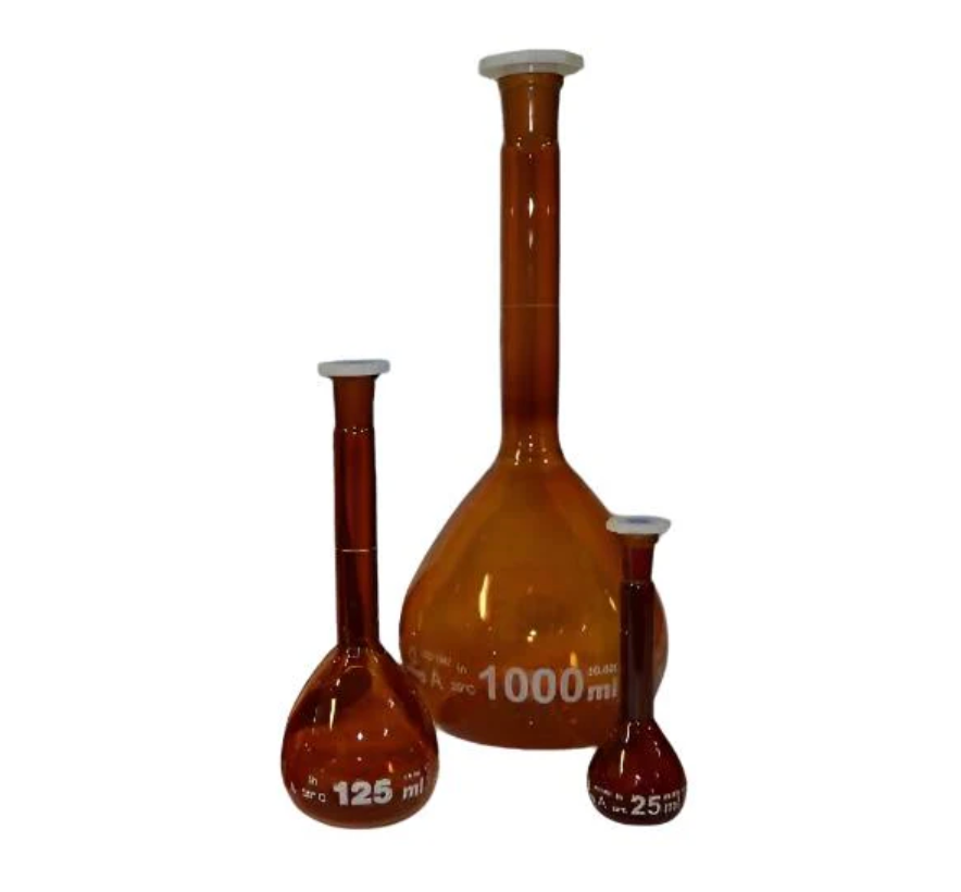 Volumetric Flasks Class A, Amber, 25-5000mL, White Graduations, ASTM E 288, 10/cs