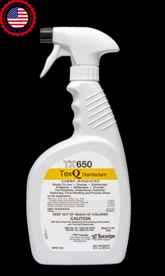 TexQ® Sterile Quat Disinfectant, RTU Spray (TX650), Gamma-Irradiated, USP <797>/<800> Cleanroom Use, Available in 22 oz spray bottles and 1 gallon bottles