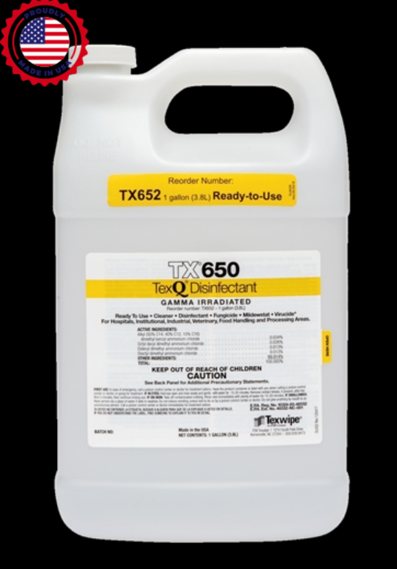 TexQ® Sterile Quat Disinfectant, RTU Spray (TX650), Gamma-Irradiated, USP <797>/<800> Cleanroom Use, Available in 22 oz spray bottles and 1 gallon bottles