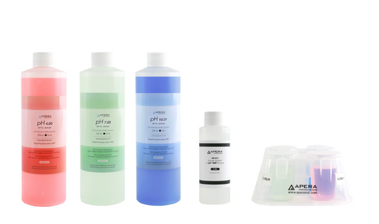 16oz. pH Calibration Buffer Solution Kit (pH 4.00, 7.00 & 10.01), 4oz. storage solution for pH/ORP Electrodes, plus Apera's CalPod for easy calibration