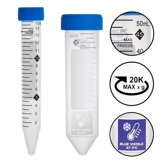 ProSeries™ High Performance Centrifuge Tubes, 15mL, 20,000xg max RCF, sterile, w/ Hi-Viz Graduations and FreezeTech Temperature Indicator Patch, 20 eco-plastic racks of 25 tubes, 500/cs