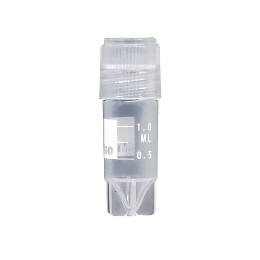 Cryogenic Vials, externally threaded caps with silicone O-ring, 1mL, sterile, printed graduations and marking area, self-standing star foot, 50-place locking rack included with each case, 10 resealable bags of 50 tubes, 500/cs