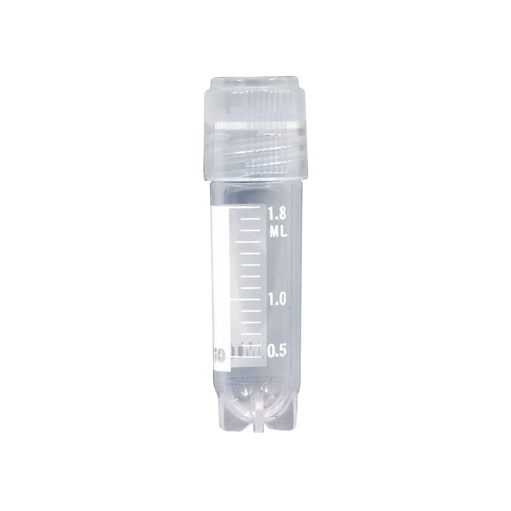 Cryogenic Vials, externally threaded caps with silicone O-ring, 2mL, sterile, printed graduations and marking area, self-standing star foot, 50-place locking rack included with each case, 10 resealable bags of 50 tubes, 500/cs