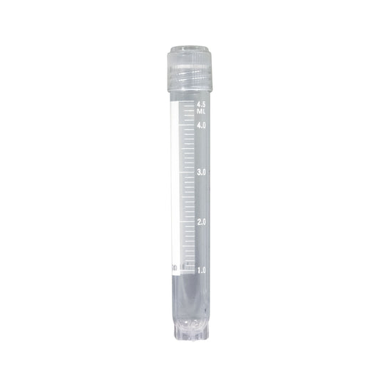 Cryogenic Vials, externally threaded caps with silicone O-ring, 5mL, sterile, printed graduations and marking area, self-standing star foot, 50-place locking rack included with each case, 10 resealable bags of 50 tubes, 500/cs