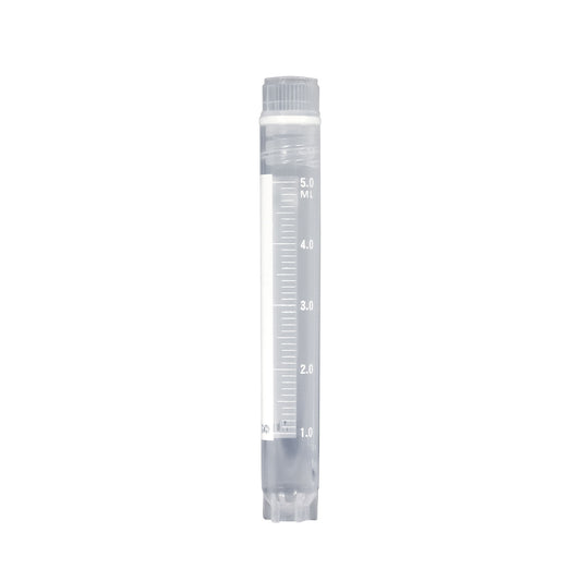 Cryogenic Vials, internally threaded caps with silicone O-ring, 5mL, sterile, printed graduations and marking area, self-standing star foot, 50-place locking rack included with each case, 10 resealable bags of 50 tubes, 500/cs