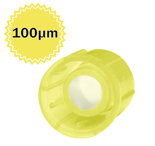 Strainer Cap for 12x75mm FlowTubes™ FACS tubes and culture tubes, with 100µm strainer mesh, transluscent yellow, sterile, 20 bags of 25 caps, 500/pack