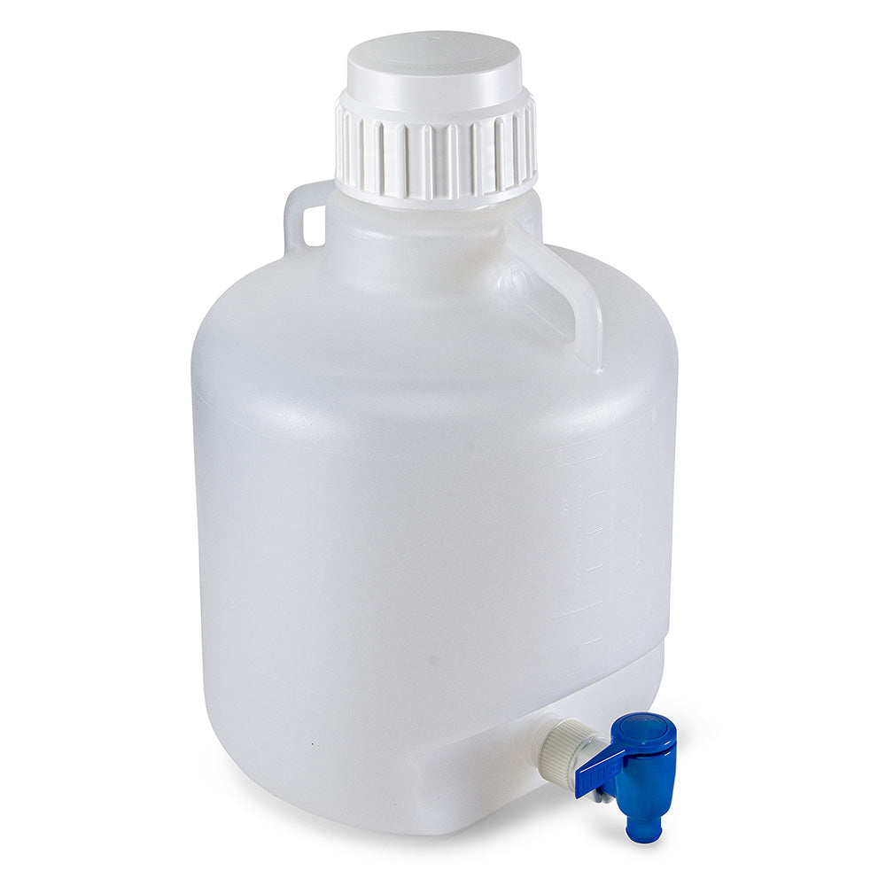 Carboy, Round with Spigot and Handles, PP, White PP Screwcap, 10 Liter, Molded Graduations, Autoclavable