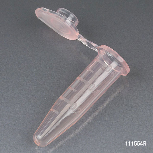 Microcentrifuge Tube, 0.5mL, PP, Attached Snap Cap, Graduated, Red, Certified: Rnase, Dnase and Pyrogen Free, 500/Stand Up Zip Lock Bag