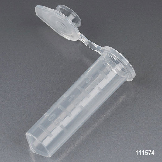 Microcentrifuge Tube, 2.0mL, PP, Attached Snap Cap, Graduated, Natural, Certified: Rnase, Dnase and Pyrogen Free, 500/Stand Up Zip Lock Bag