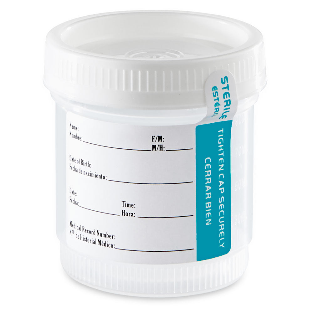 Container: Tite-Rite, Wide Mouth, 90mL (3oz), PP, STERILE, Attached White Screw Cap, ID Label with Tab Seal, Graduated