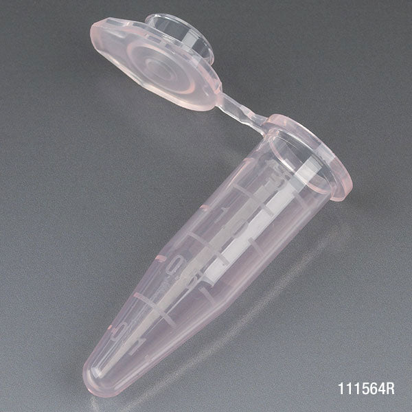 Microcentrifuge Tube, 1.5mL, PP, Attached Snap Cap, Graduated, Red, Certified: Rnase, Dnase and Pyrogen Free, 500/Stand Up Zip Lock Bag