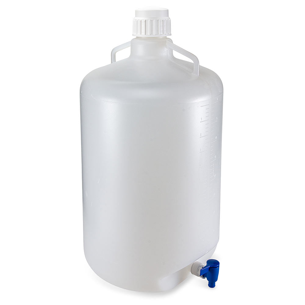 Carboy, Round with Spigot and Handles, LDPE, White PP Screwcap, 50 Liter, Molded Graduations