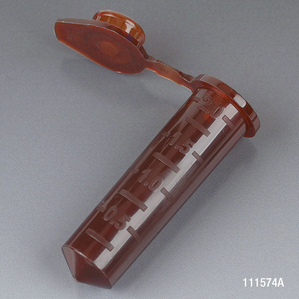 Microcentrifuge Tube, 2.0mL, PP, Attached Snap Cap, Graduated, Amber, Certified: Rnase, Dnase and Pyrogen Free, 500/Stand Up Zip Lock Bag