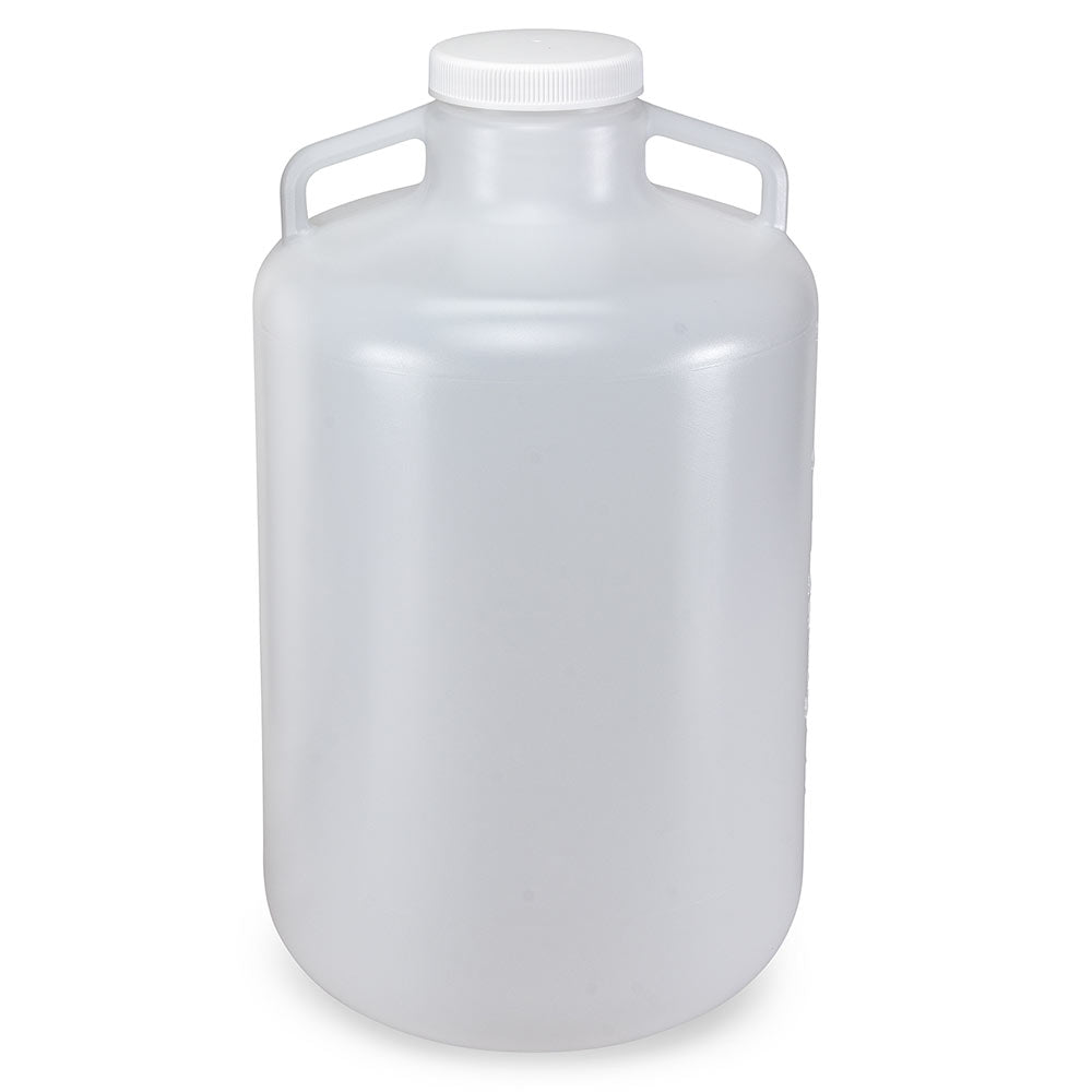 Carboy, Round with Handles, Wide Mouth, LDPE, White PP Screwcap, 20 Liter, Molded Graduations