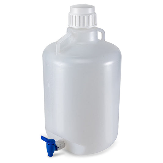 Carboy, Round with Spigot and Handles, PP, White PP Screwcap, 20 Liter, Molded Graduations, Autoclavable