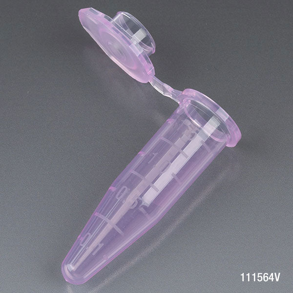 Microcentrifuge Tube, 1.5mL, PP, Attached Snap Cap, Graduated, Violet, Certified: Rnase, Dnase and Pyrogen Free, 500/Stand Up Zip Lock Bag